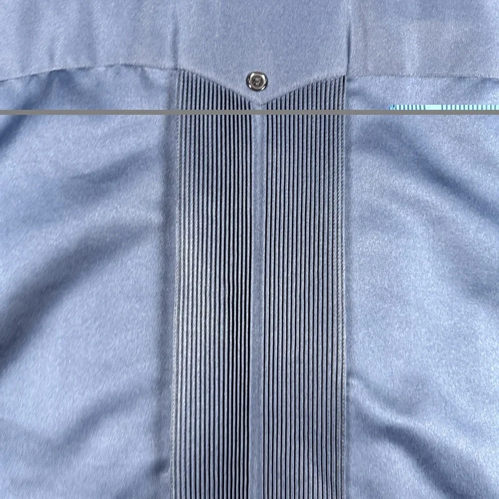 Vtg Guayabera Copacabana Shirt Mens Size 42 Blue Short Sleeve Satin Seda Bowling